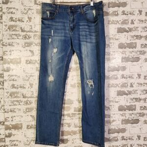 Ring of Fire Mens Jeans Slim Fit Blue Dark Wash Distressed Denim‎ 34x30 Grunge